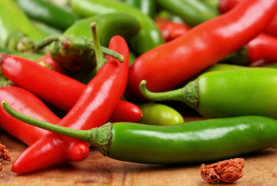 Close-up view of various chili pepper varieties showing different colors and shapes including red jalapeño, green serrano, and dried cayenne peppers arranged on wooden surface