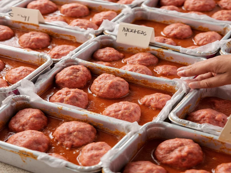 Frozen meatballs in labeled storage containers with sauce