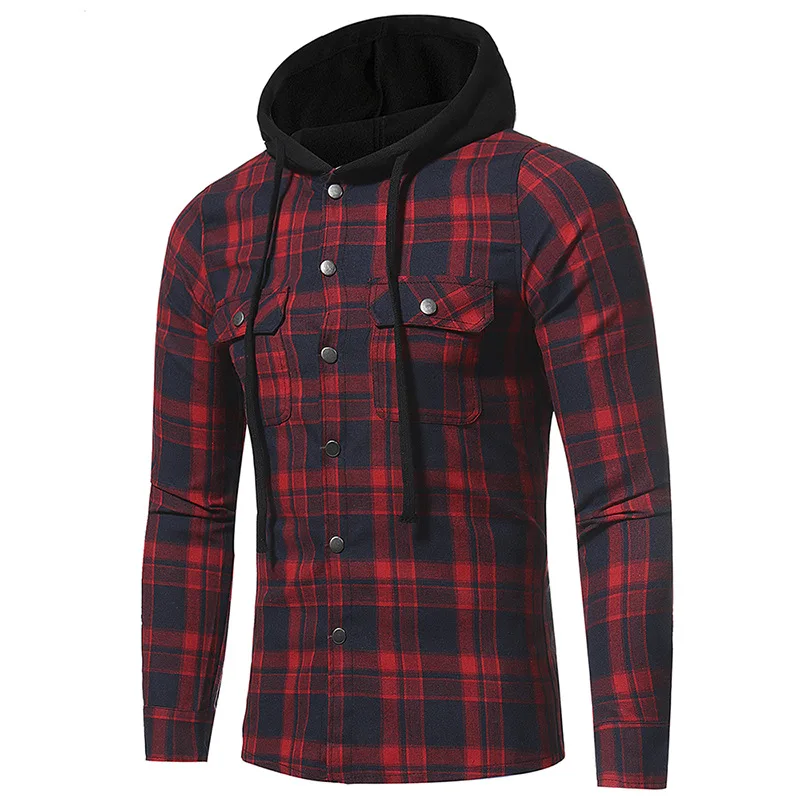 

2020 New Men's Flannel Large Plaid Double Pocket Hooded Casual Men's Plaid Long Sleeve Shirt, Picture shown