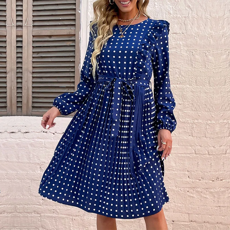 

Autumn Elegant Ladies High Waist Outfits Pleated O Neck Long Sleeve Polka Dot Dress