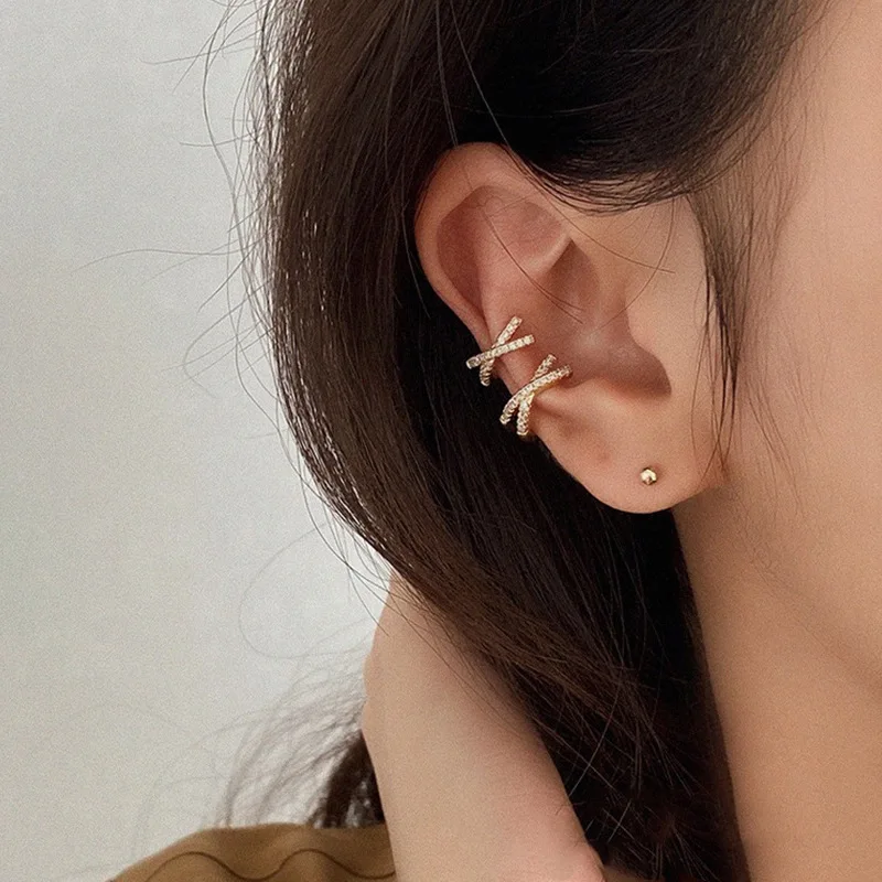 

Fashion Cross Piercing Earrings Small Earings For Women Ear Cuff Jewelry Girl Clip Earcuff Micro Pave CZ Crystal Earrings, As pic shown