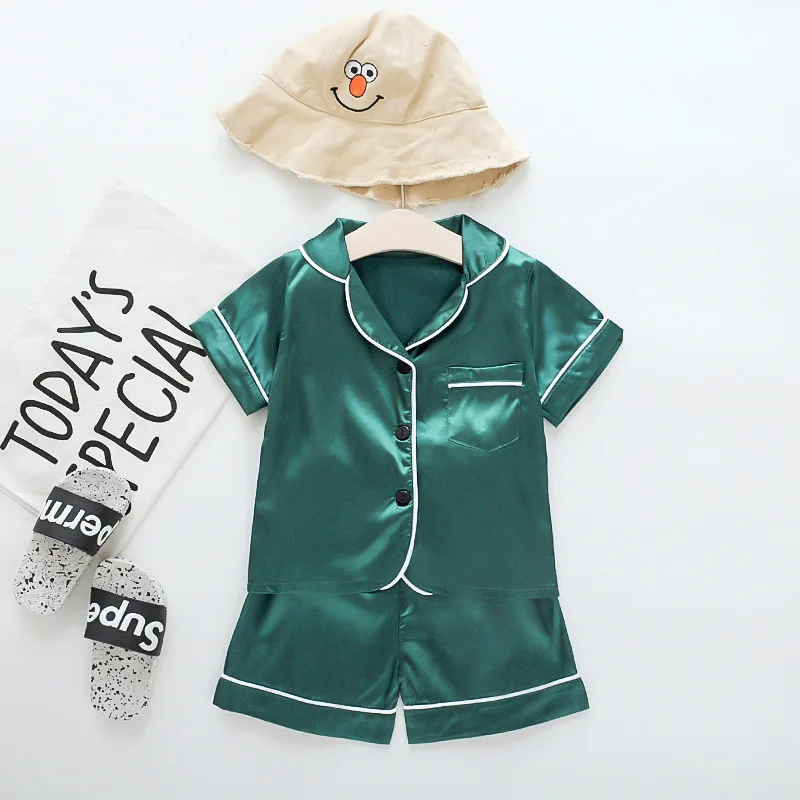

Good Quality Summer Korean Style Pure Color Pajamas Short Sleeve 1-4 Years Old Kids Clothing, As pictures