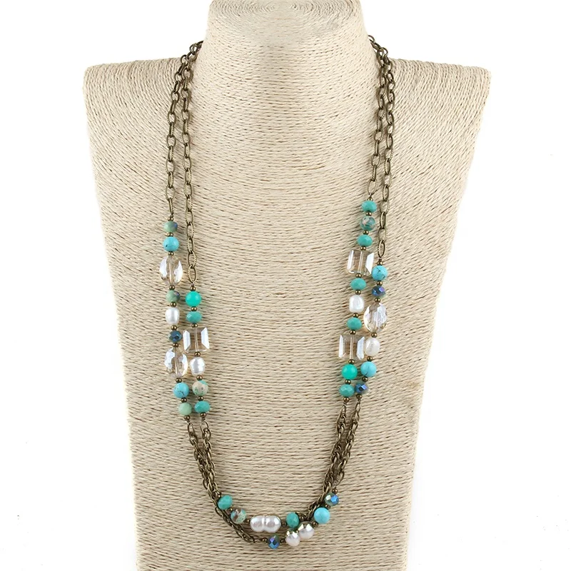 

Fashion Bohemian Women Gift Jewelry Long Necklace 2pc/set Natural Stone Crystal Glass freshwater pearl collar de perlas