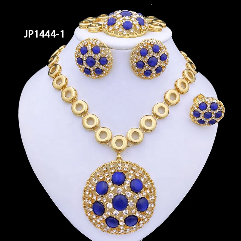 

JP144 Blue Flowers Opal Jewelry Italian 18K Gold Plated Necklace Set Jewelry Sets ensemble de bijoux de dubai