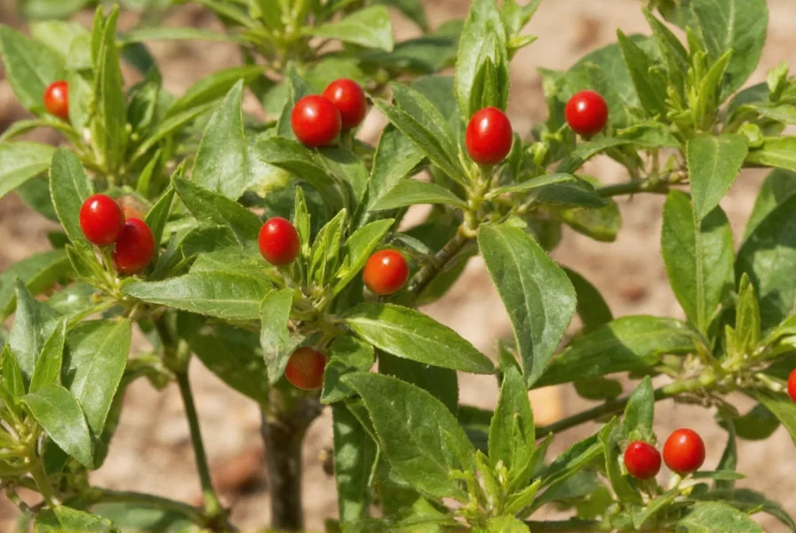 Close-up of wild chiltepin peppers growing on a bush in desert environment, showing small round red peppers among green leaves