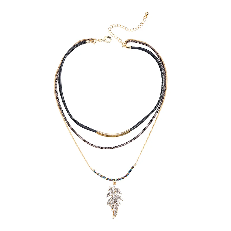 

xl01639d Multi Layered Leather Jewelry Crystal Leaf Dangle Colorful Beads Gold Plated Women Fashion Charm Choker Necklace