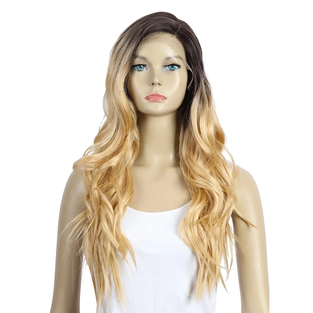 

Sleek lace left part Ombre color body wave long style lace closure synthetic hair lace wigs natural hairline, Picture