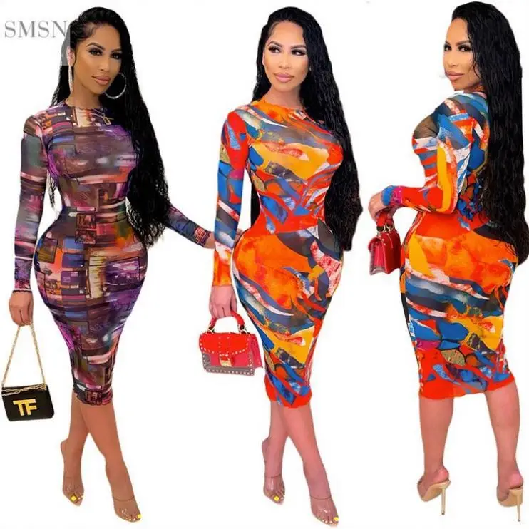 

Latest Design Casual O Neck Dress Women Fashion 2021 Sexy Elegance Long Sleeve Dress Girl