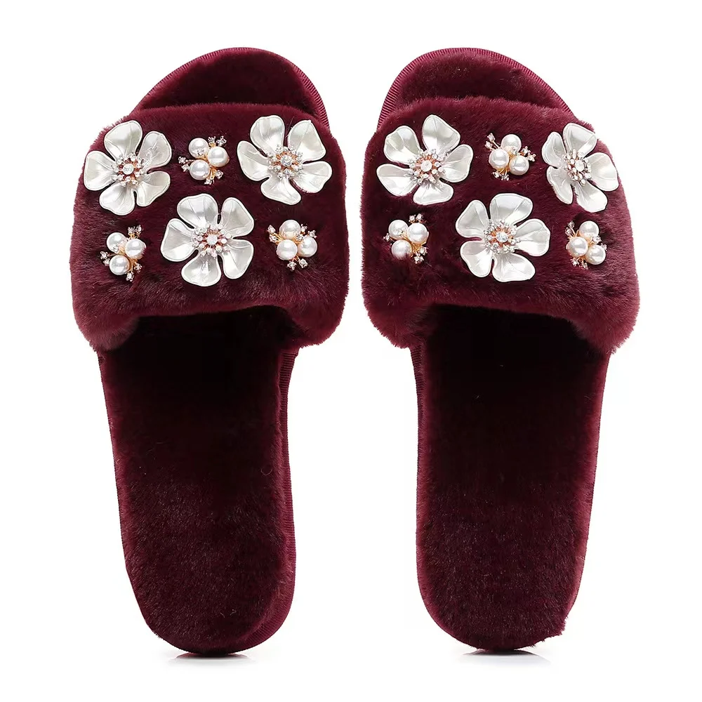 

Fashionable decorative plush indoor slippers Open toe comfortable soft female slippers, Customized color