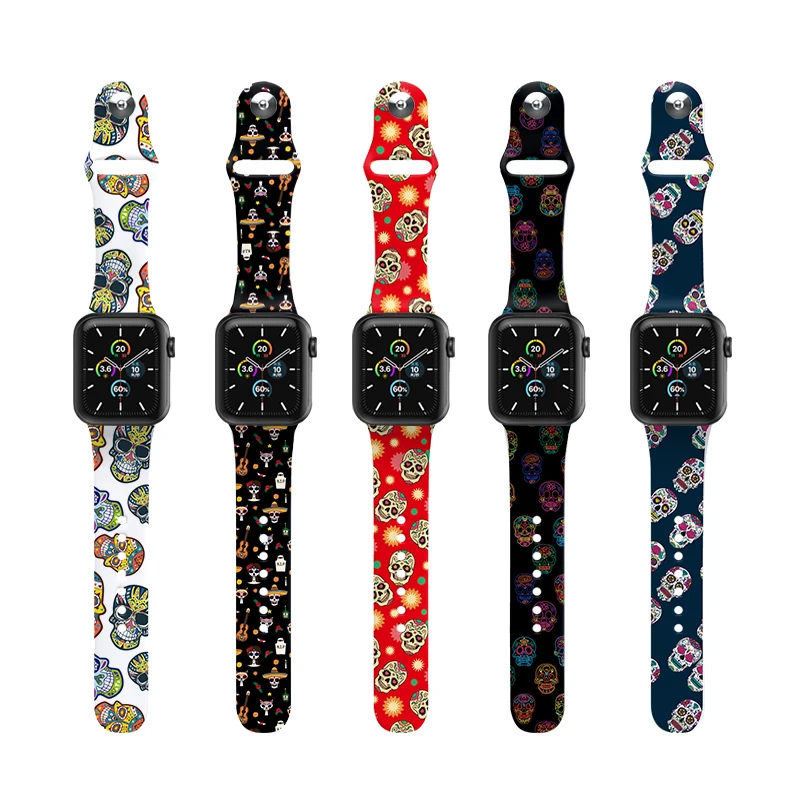 

EAMIRUO Colorful Skull Floral Bands Printed Pattern Soft Silicone Smart Watchband For Apple Series Sport Wristband