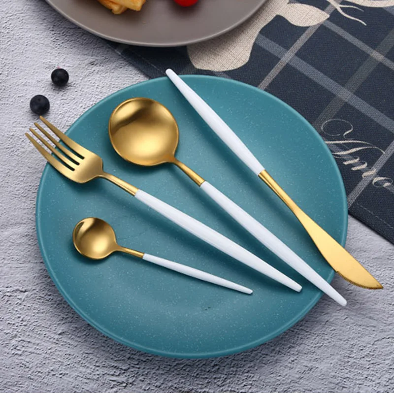 

Travel Portable Reusable Spoon Fork Knife Stainless Steel Cutlery Set, Silver, gold, rose gold, black, gold balck,gold white