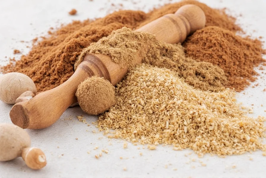 Close-up of various spices including mace, allspice, and cinnamon arranged in small bowls for nutmeg replacement comparison