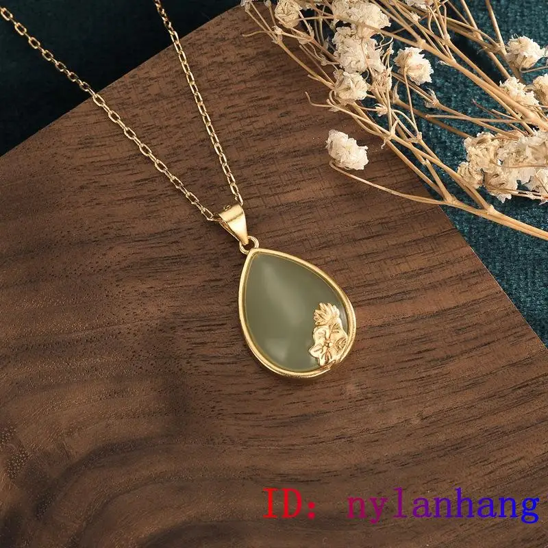 

Jade Lotus Pendant Amulet Gemstone Chalcedony Zircon Crystal Natural Chinese Fashion Jewelry Necklace 925 Silver Charm Gifts