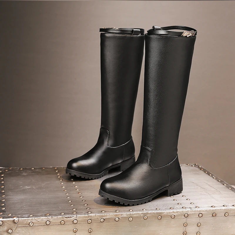 

Winter Round Head White Black Leather Knee High Casual Flat Riding Boots Large Size, Black white