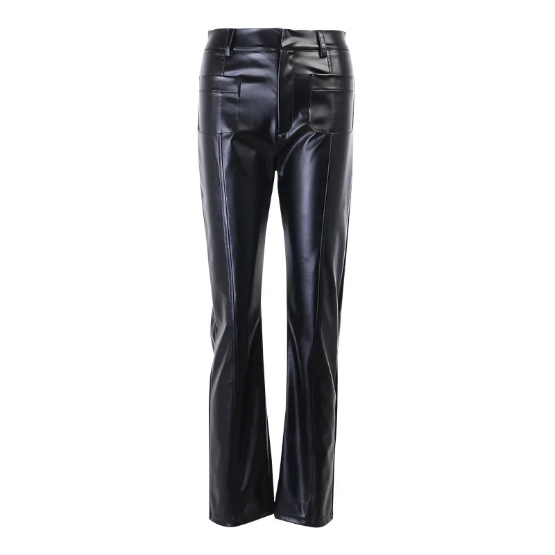 

2021 fashion design double pocket PU leather pants women sexy slim pocket trousers