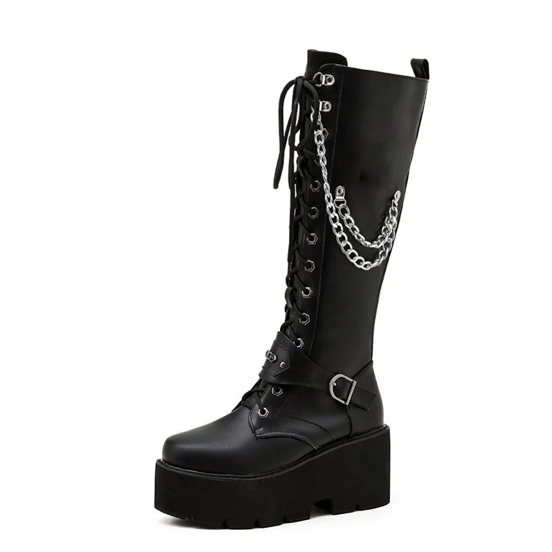

Winter Gothic Punk Womens Platform Boots Black Buckle Strap Zipper Lace Up Creeper Wedges Shoes Mid Calf Military Combat Boots