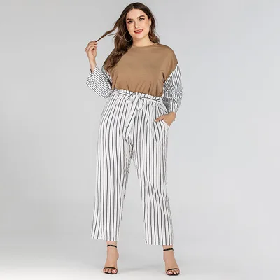 

2021 Autumn Women Fashionable Casual Wide Leg Polyester Pants Large plus size Striped Loose Pants With Belt, White