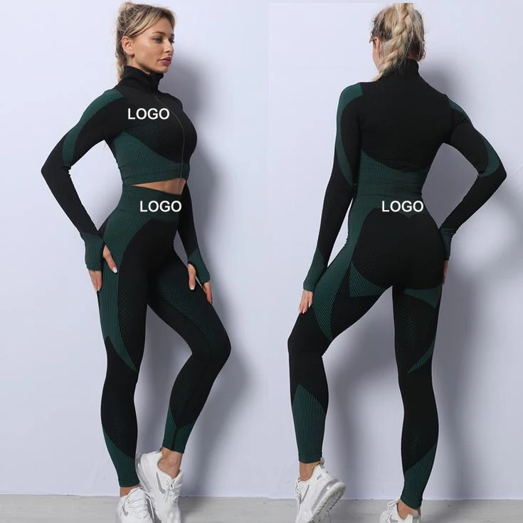 

Women workout clothing zipper crop top ribbed leggings and sports bra 3 pieces seamless yoga set