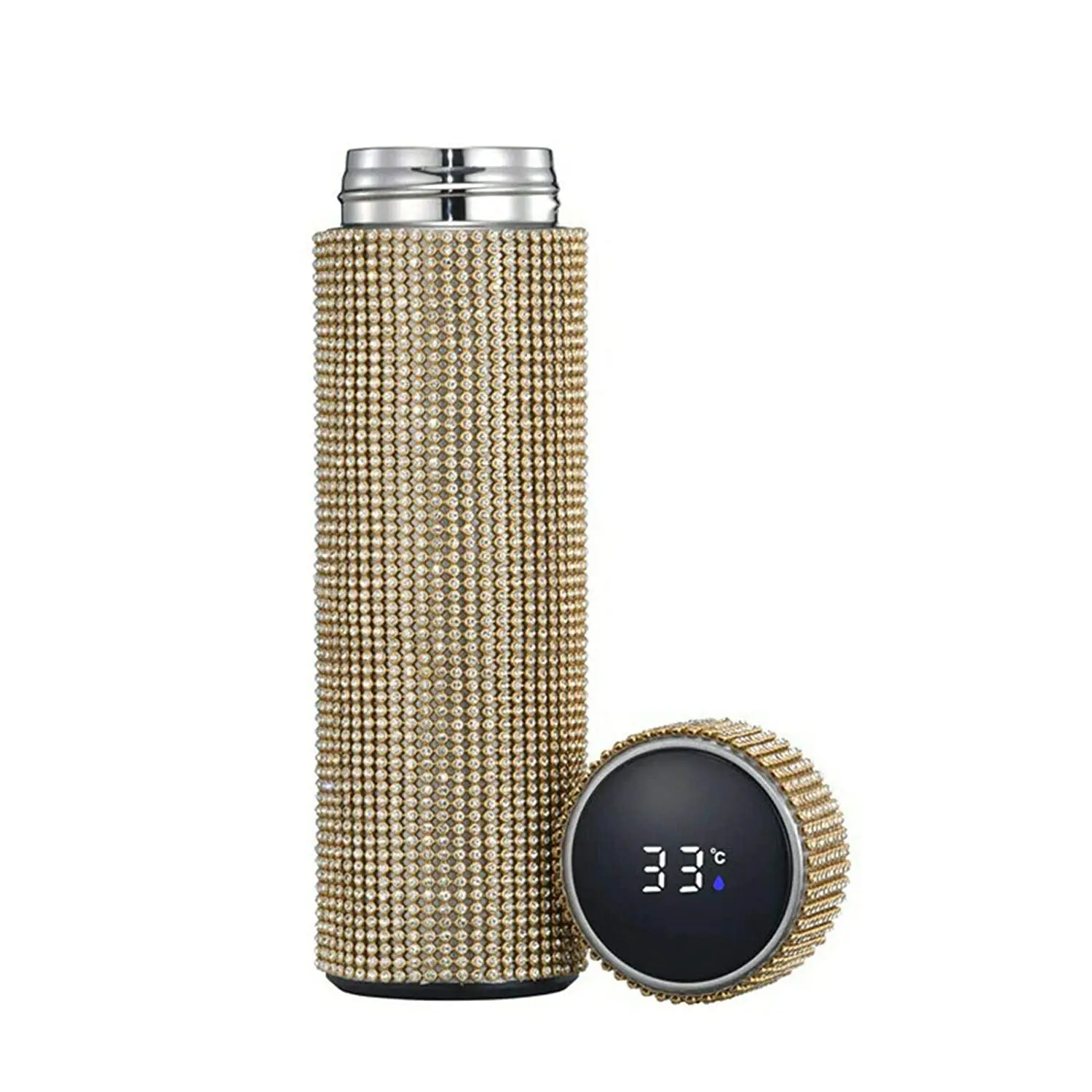 

500ml Fashion Rhinestone Stainless Steel Water Bottle Thermos Mug With Smart Temperature Display Lid for women GF Gift Cup, Red,blue,pink,black, white,golden,sliver