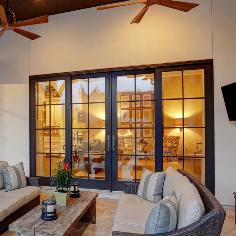 Modern design narrow frame 4 panel ultra thin double glass aluminium profile sliding glass doors system