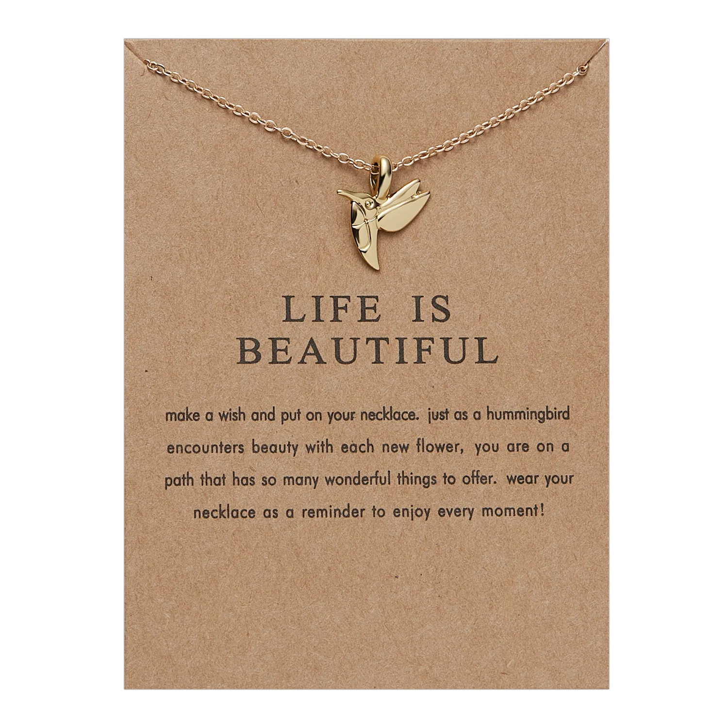 

Gold Thin Necklace for Women with Gift Card Elephant, hummingbird Pendant