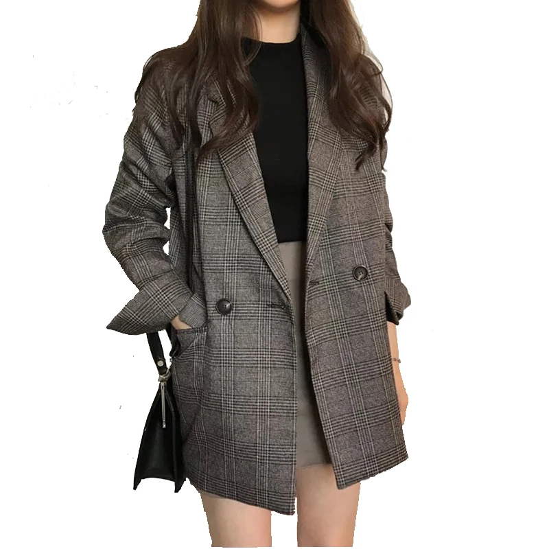

Women Wholesale Fall Winter High Quality Korean Fashion Design Casual Plaid Jacket Oversized Blazer With Pocket