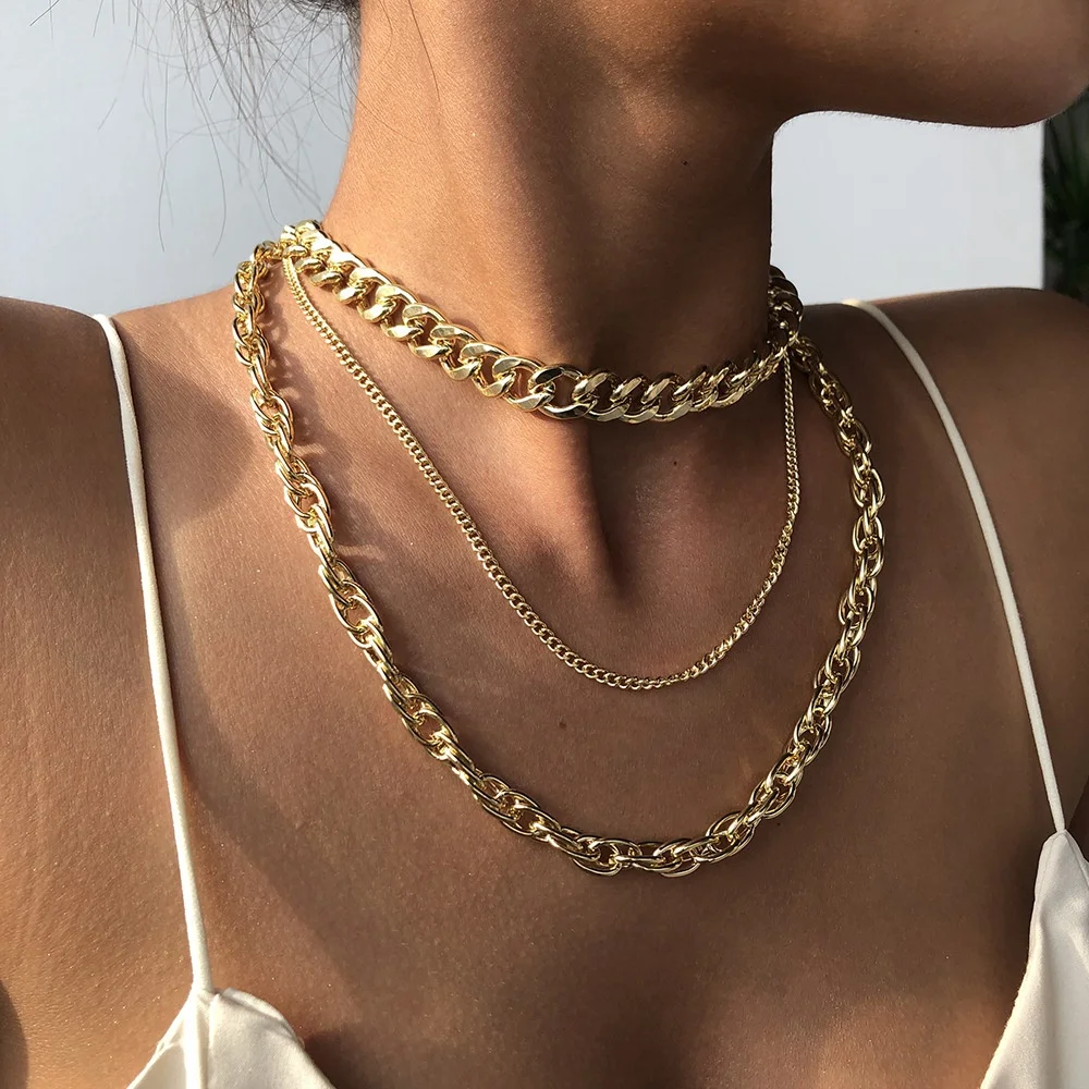 

New popular explosion models punk hip-hop style multi-layer necklace personality generous metal thick chain necklace wholesale, Gold