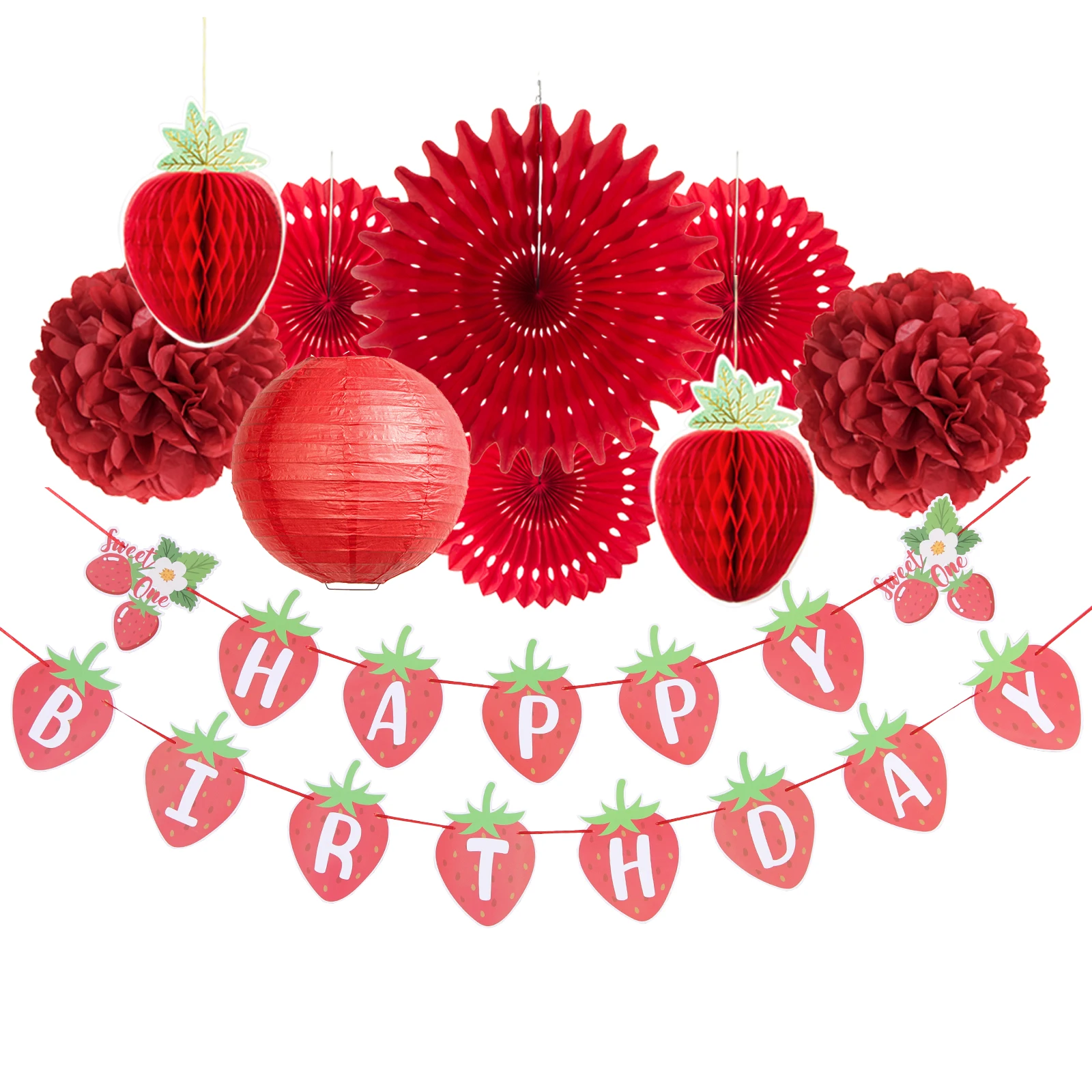 

Sweet Strawberry Theme Happy Birthday Hanging Paper Fan Pom Poms Letter Banner Honeycomb Ball Birthday Party Decoration Set, As picture