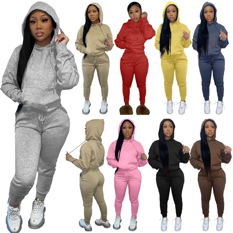 

2021 Casual Ladies Jogger Sweatsuit Long Sleeve Hoodies Thick Plush Fall Women Two Piece Pants Sets, Picture shown