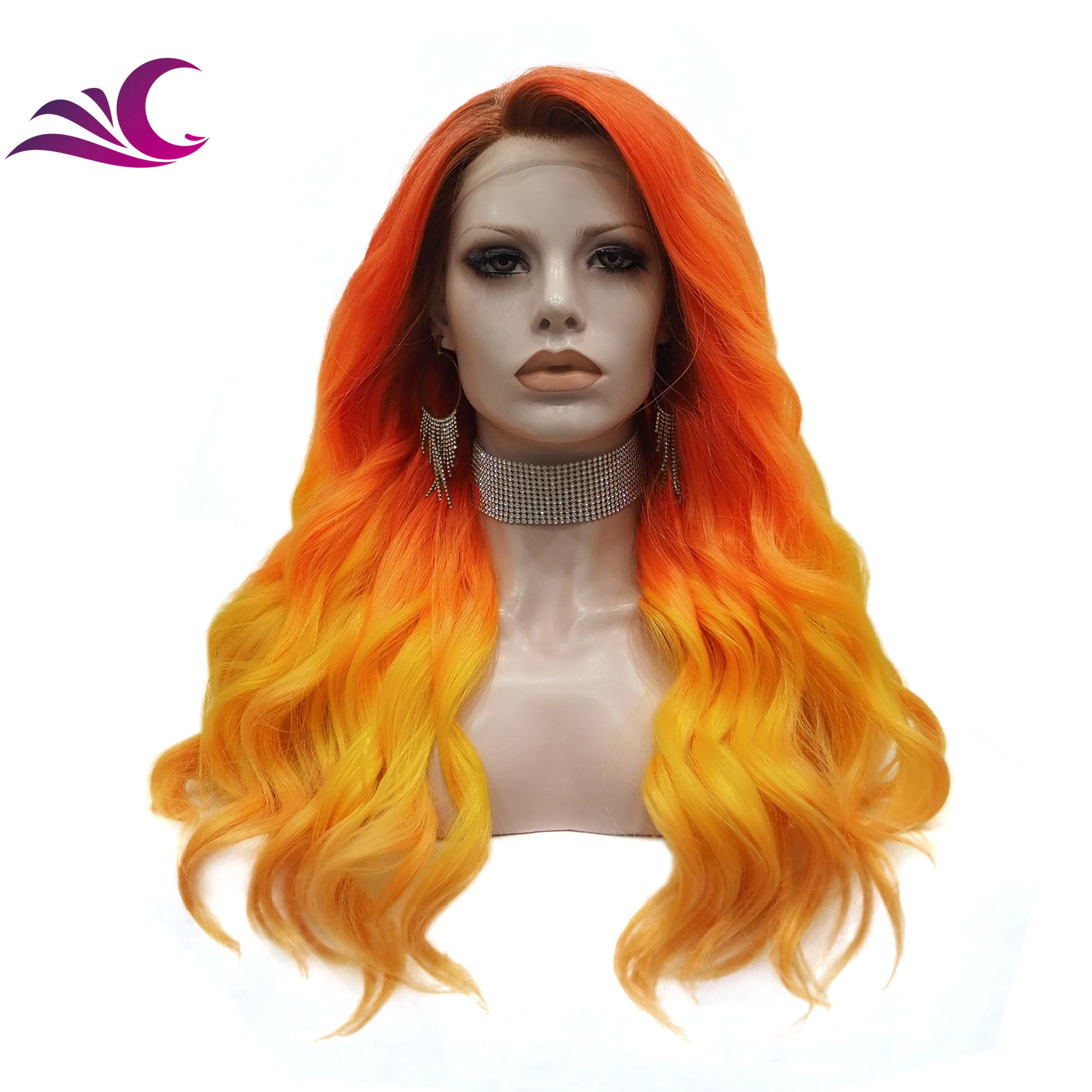 

Celebrity Ombre Orange Heat Resistant Natural Wave Fiber Synthetic Lace Front Wig For Cosplay, Shown