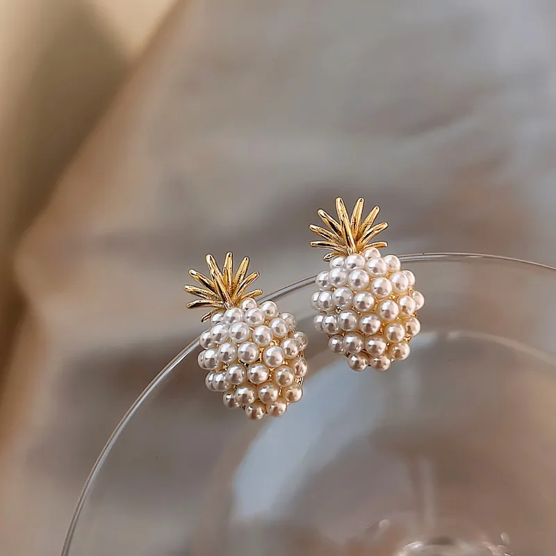 

Fashion Korea Style Lady Party Wedding Gift Pineapple Pearl Sliver 925 Needle Stud Earrings For Women, Color