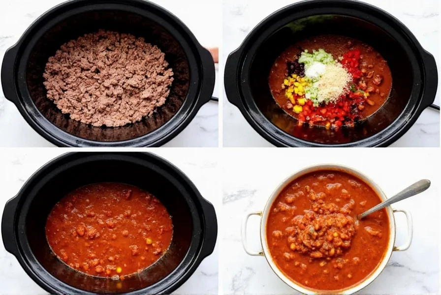 Step-by-step crock pot chili preparation showing browning ground beef, adding ingredients to slow cooker, and finished chili in bowl