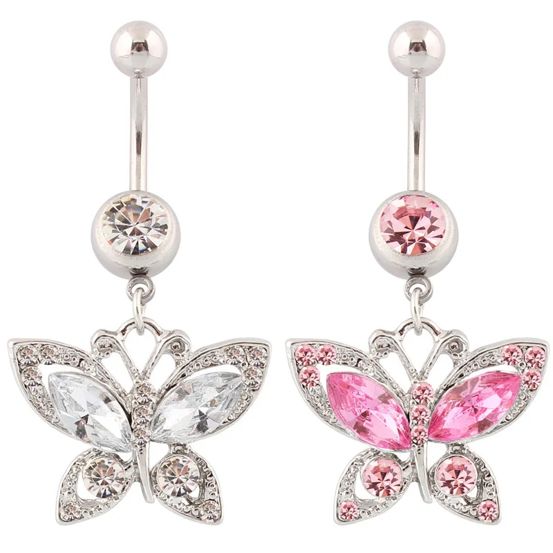 

New 1PC Piercing Pink White Color Crystal Rhinestone Body Jewelry Accessories 14G Surgical Steel Butterfly Belly Navel Ring, White,pink