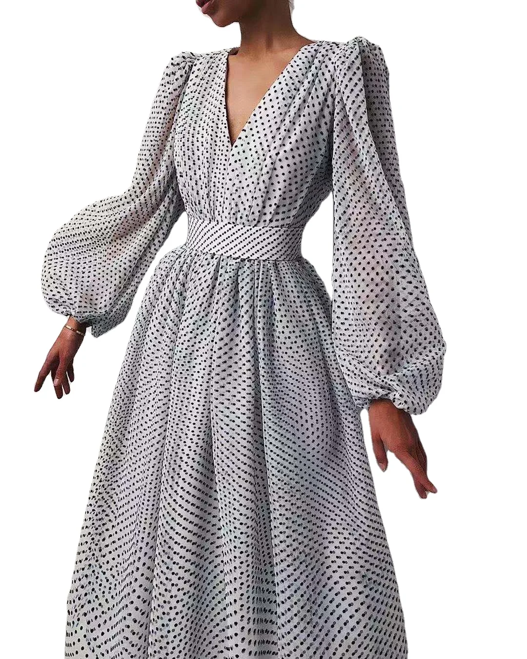 

High Quality Fashion V Neck Long Sleeves Polka Dot Print causal Maxi Long Dress For Women, Picture color