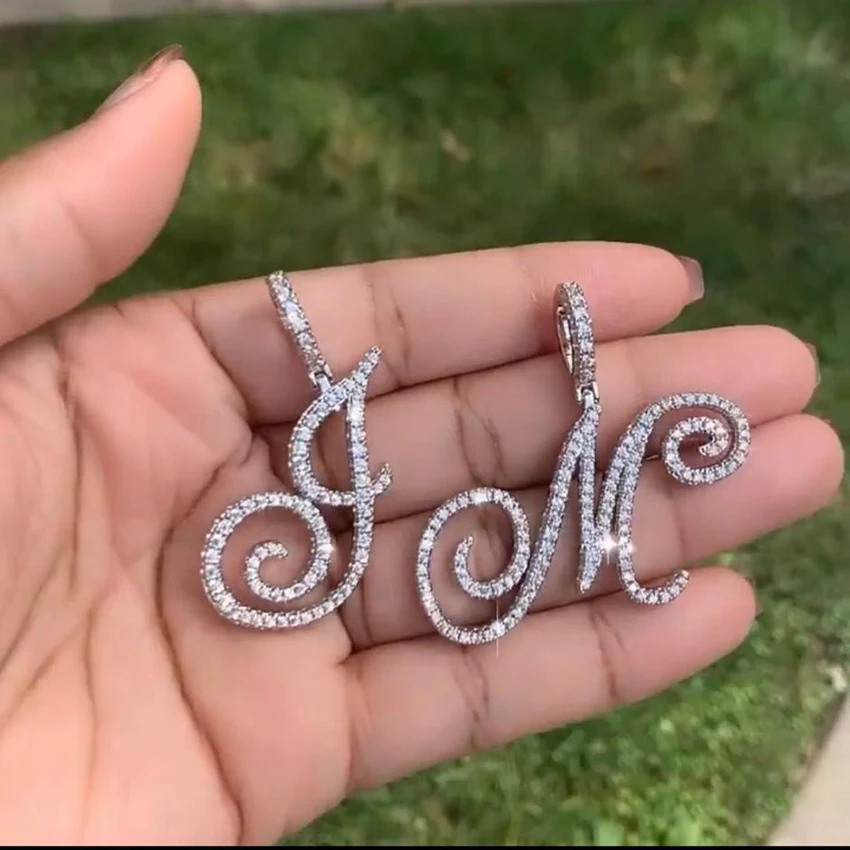 

wholesale 26 letter pendants iced out bling 5a cubic zirconia diamond silver cursive initial necklace