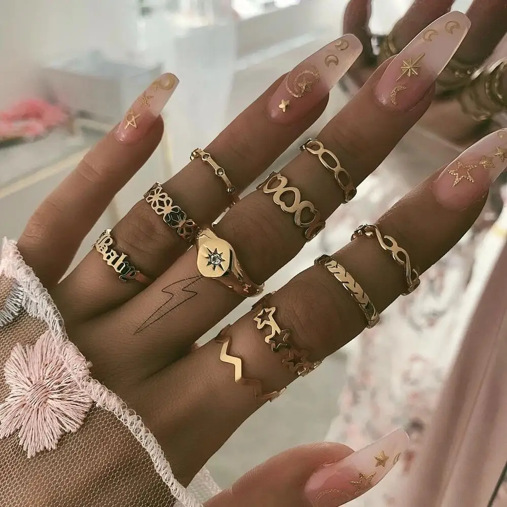 

Women Fashion Rings Vintage Baby Letters Hearts Flowers Crystals Geometric Gold Ring Set Christmas Gifts, Picture
