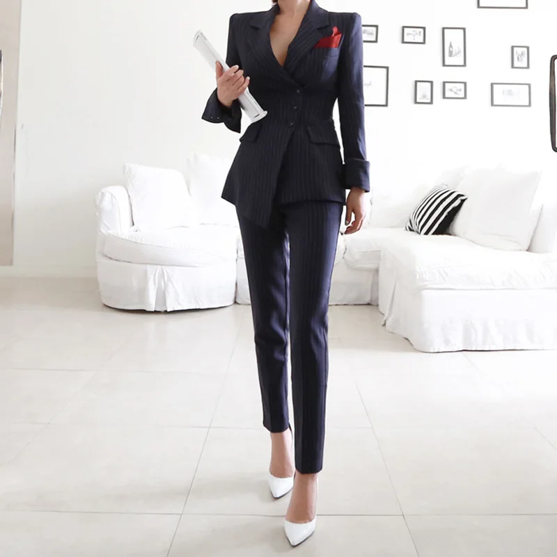 

2020 fashion long sleeve 2 pieces women business suits stripe ladies office wear suit, Black