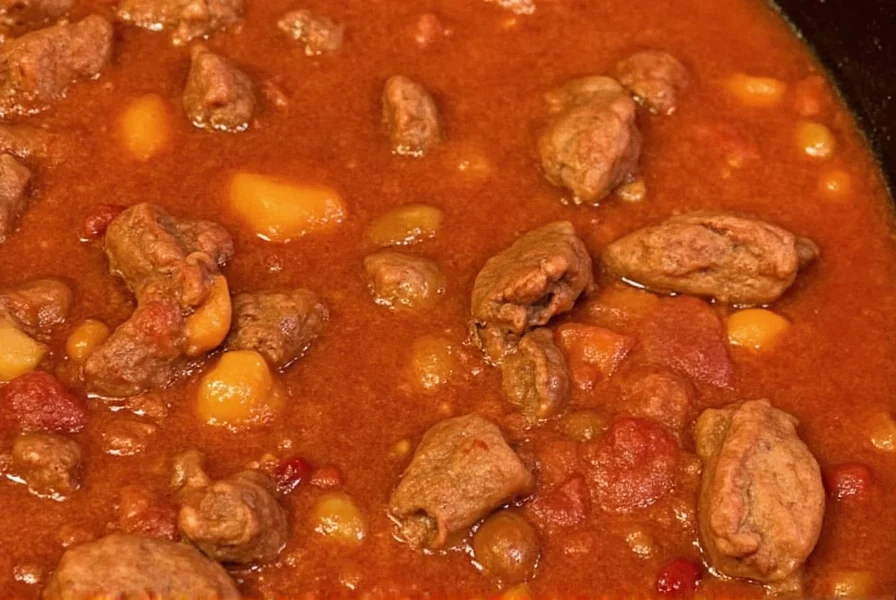 Close-up of slow cooker beef chili showing tender meat chunks and rich red sauce