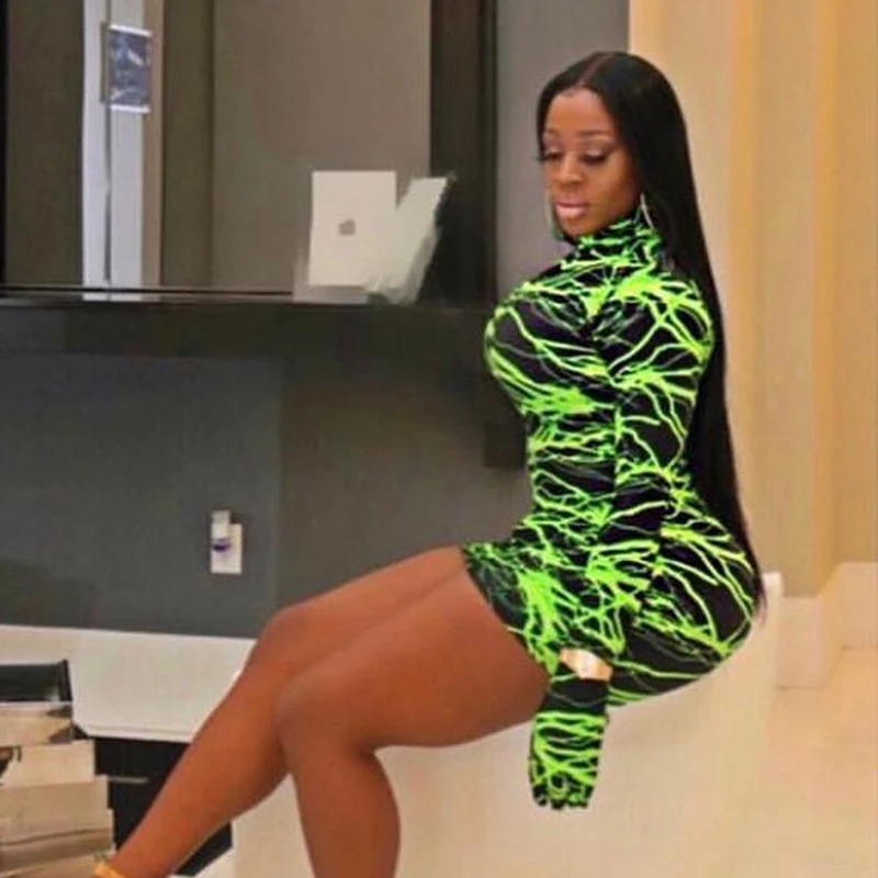 2019 Autumn Sexy Bodycon Long Sleeve With Gloves Lighting Print Turtleneck Mini Dress Vestidos For Women