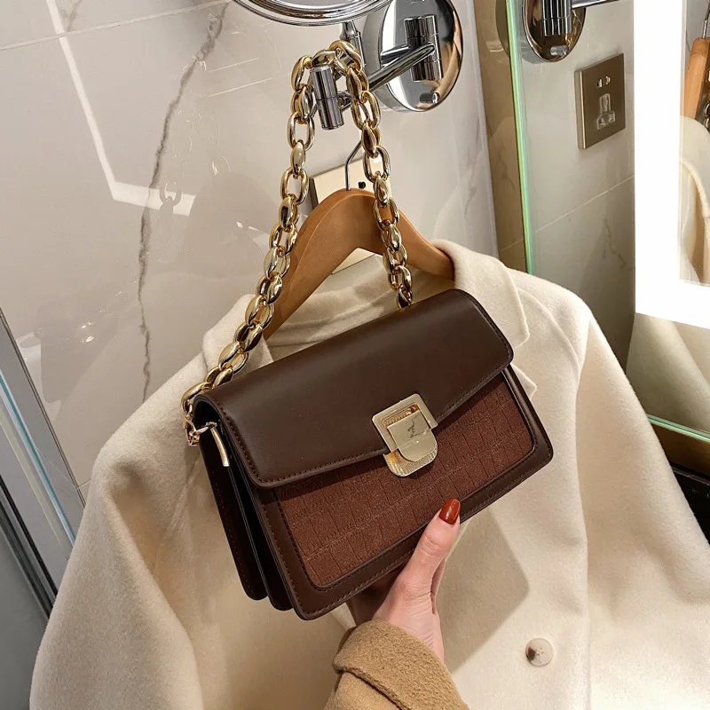 

New 2022 fashion designer lock ladies hand bags leather messenger purses handbags women shoulder bag with thick chain, 4 colors