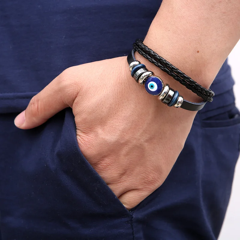 

Xunbei 2021 Hot Sell Vintage Multilayer Leather Blue Eye Bracelet For Men, Black