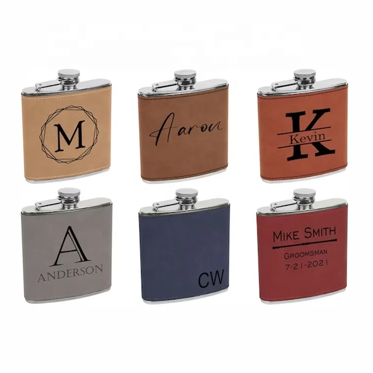 

Whiskey Portable Hip Flask Stainless Steel Custom Laser Engraved Logo Pu Leather Cover Hip Flask