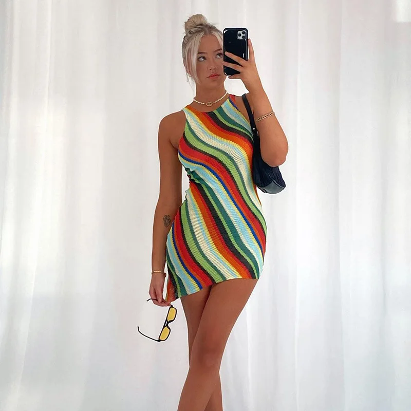 

H6546 - ladies casual fashion sweater sleeveless stripper colorful maxi dress