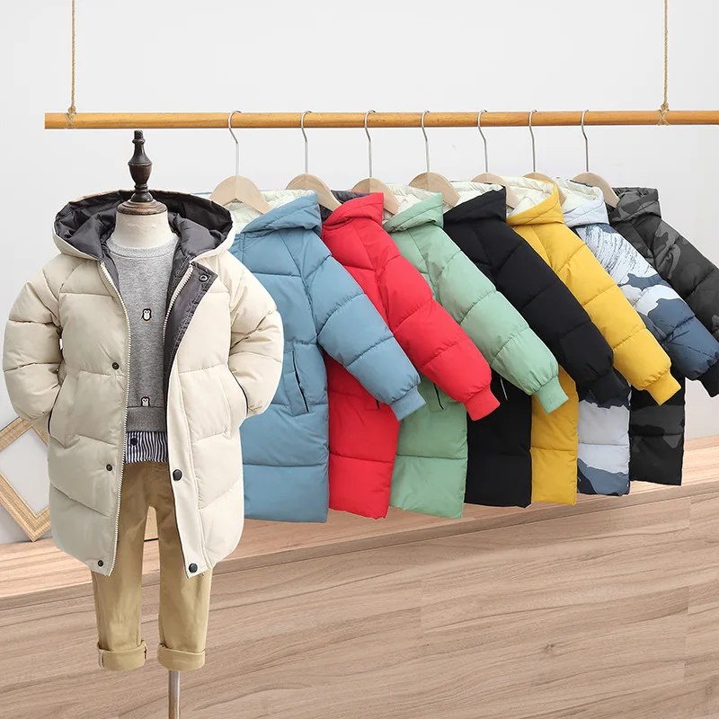 

Newest Winter Warm Long Jackets Kids Outwear Simple Solid Color Parka Coat Thicken Children's Hooded Down Coats Boys Girls