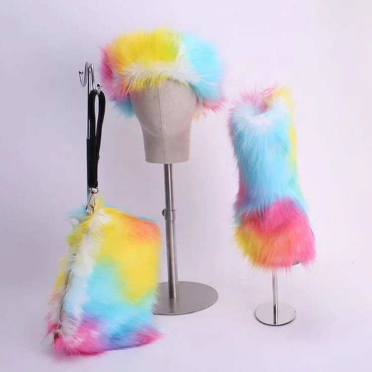 

kids fashion hotsale colorful boots sets children winter colorful faux fox fur snow boots matching purse and headbands, As pictures or custom