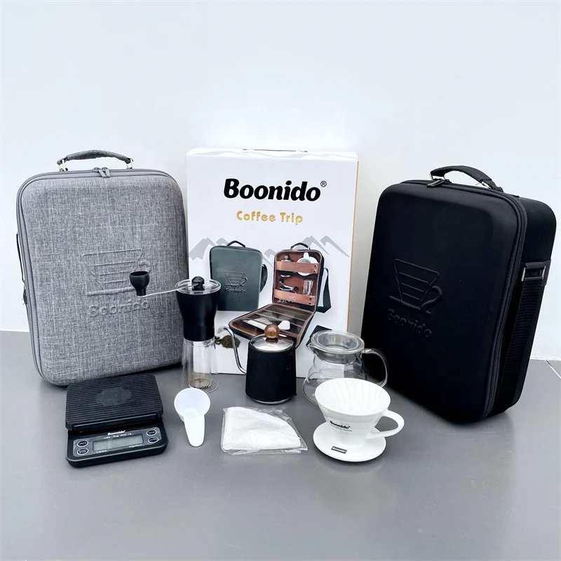 

2021 Boonido Hot Sale V60 Outdoor Modern Manual Drip Travel Bag Gift Box Packaging Grinder Pot Kettle Pour Over Coffee Maker Set