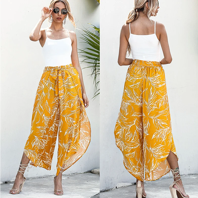 

2020 New Arrival In-stock Casual Floral Print Loose Fit Wide Leg Pants Bell Bottoms, As picture or customized