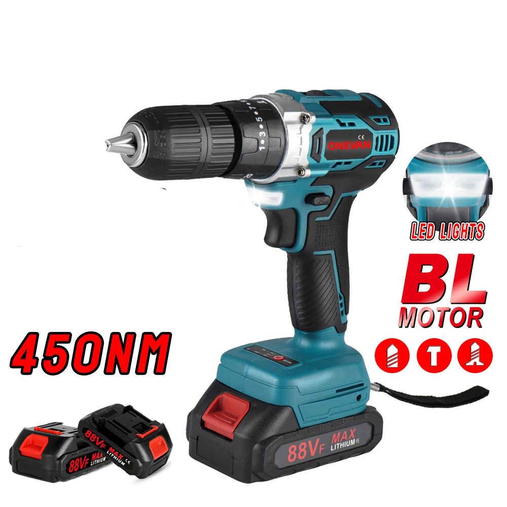 

1000W 450NM Brushless Electric Impact Drill 25+3 Torque 3 in 1 Electric Cordless Screwdriver For Makita 18v Battery