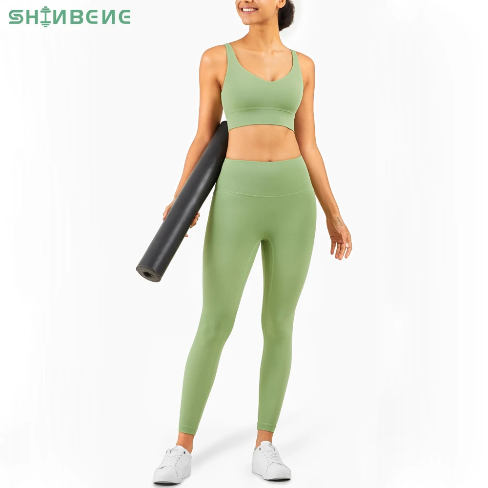

SHINBENE BARE Second-skin Feel Yoga Sport Suit Women Sexy Deep-V Padded Fitness Workout Bras NO Front Seam Leggings Sets S-XL