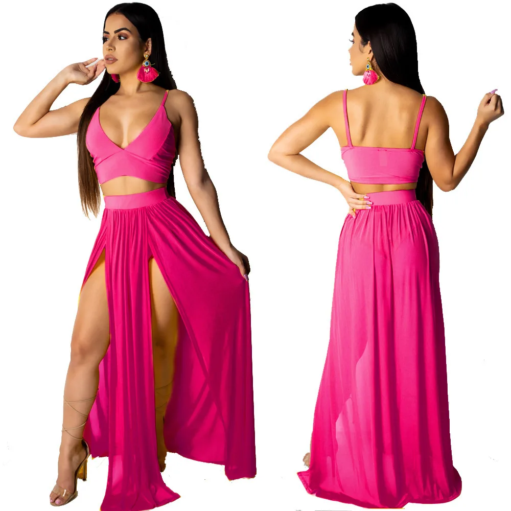 

New product ideas 2021 Summer Women's Sexy Chiffon Spaghetti Strap 2 Piece Skirt Set Crop Tops Casual Dress, Picture shown